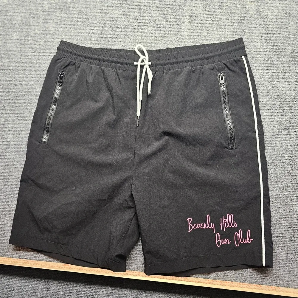Beverly Hills Gun Club Mens Shorts Large Black Pink Logo Zipper Pockets Athletic